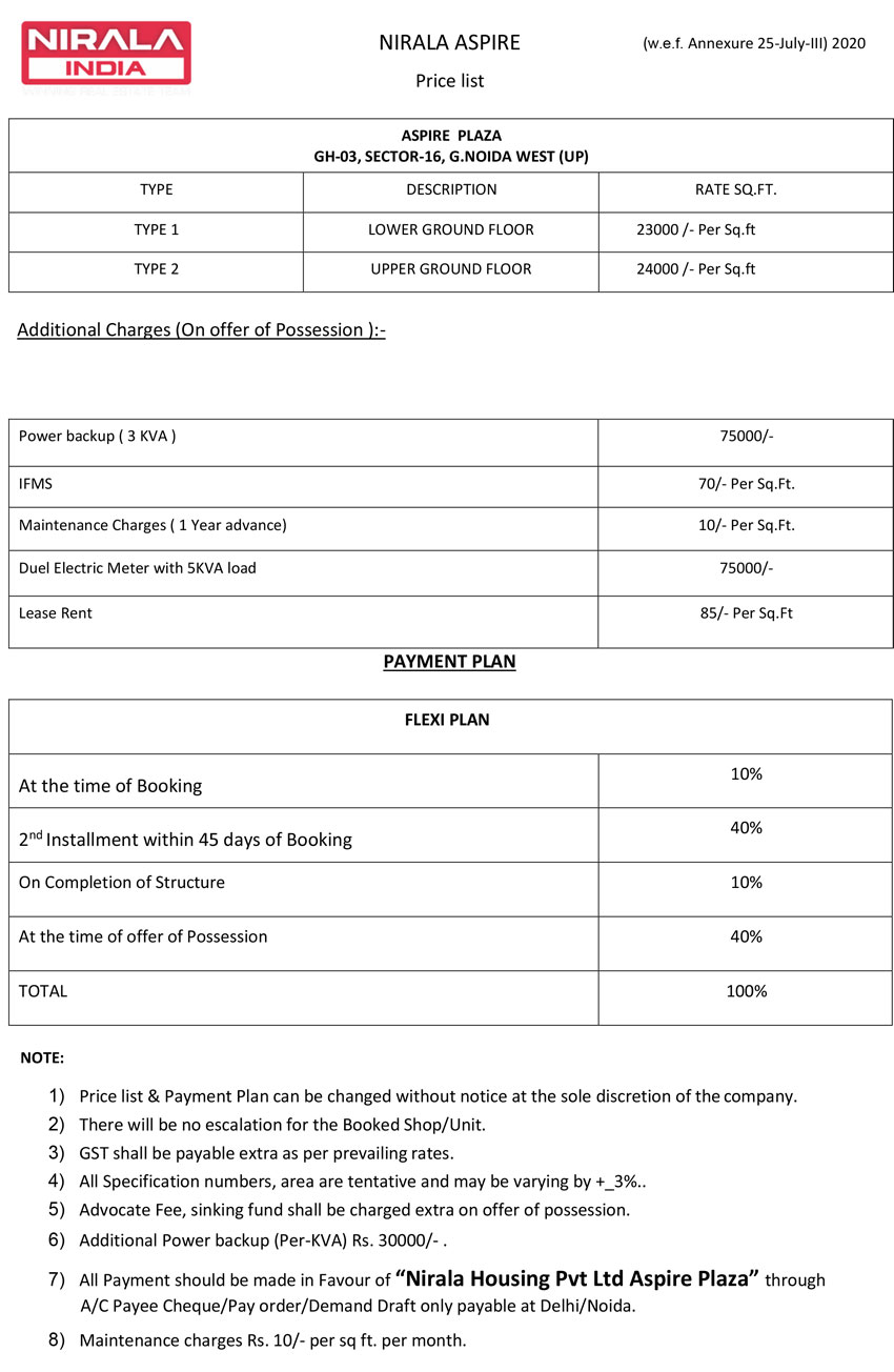 Nirala Aspire Price List